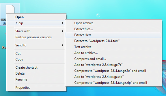 Screenshot of the 7-zip context menu in Windows 7