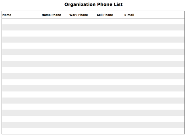 Screenshot of the printable organization phone list