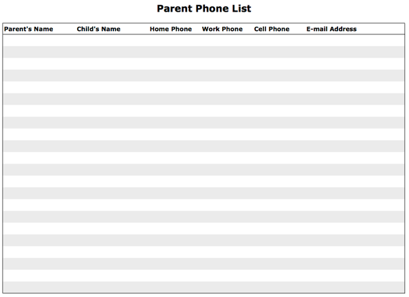 Screenshot of the printable school telephone list